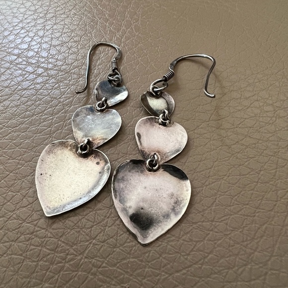 Three Hearts Sterling Silver Lightweight Drop Dangle Statement Earrings Vintage - Picture 4 of 10